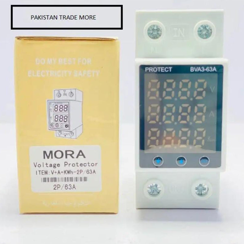 MORA 63A OVER AND UNDER VOLTAGE AND CURRENT PROTECTION RELAY with KWH 3 in 1 in Pakistan